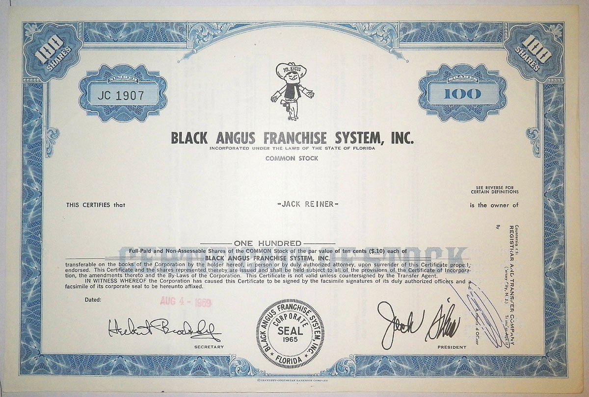 США, BLACK ANGUS FRANCHISE SYSTEM, INC. 100 акций 1969 США бумага 00-00