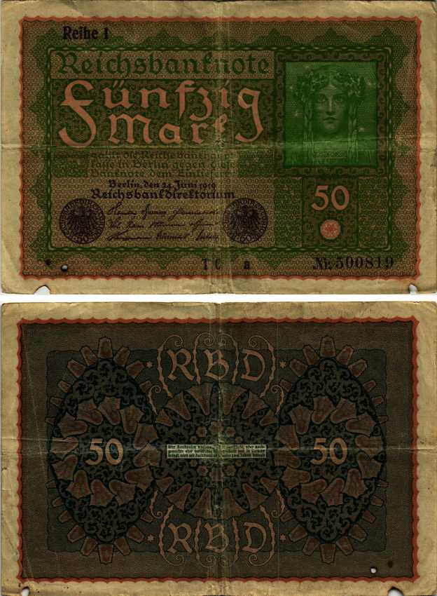 ГЕРМАНИЯ 50 МАРОК 1919 24 ИЮНЯ 1919, REIHE I, СЕРИЯ TC, ВЫПУСК С НОЯБРЯ 1919 ГОДА Pick 66, Rosenberg 62аа бумага 7547-25-2