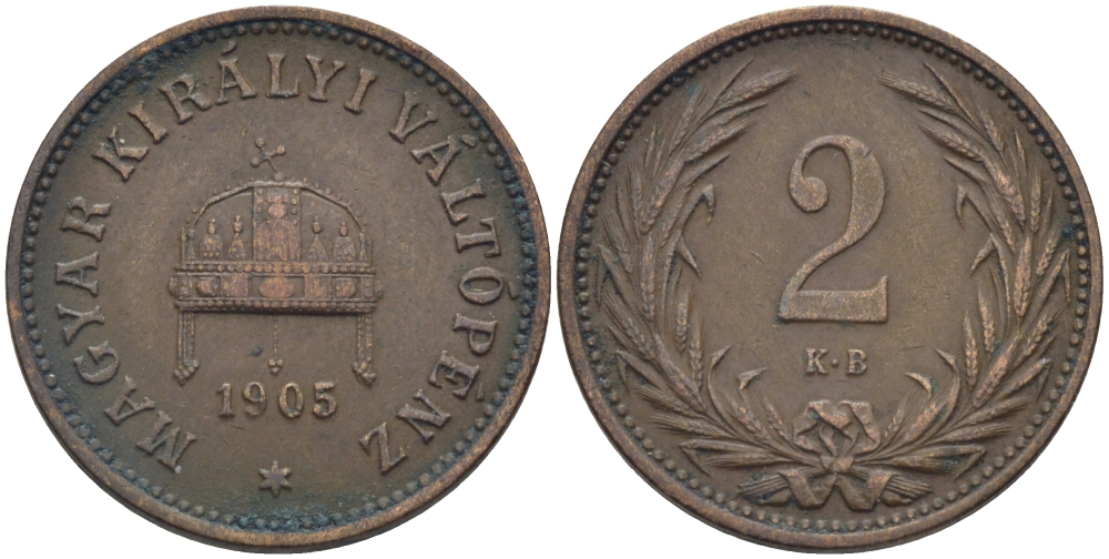 Венгрия 2 филлера 1905 КВ, Франц Иосиф I (1848-1916) KM 481 бронза 29-534