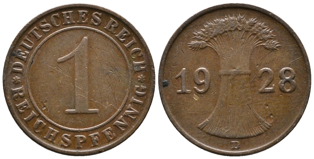 ГЕРМАНИЯ 1 РЕЙХСПФЕННИГ 1928 D KM 37, J. 313 бронза 39-968