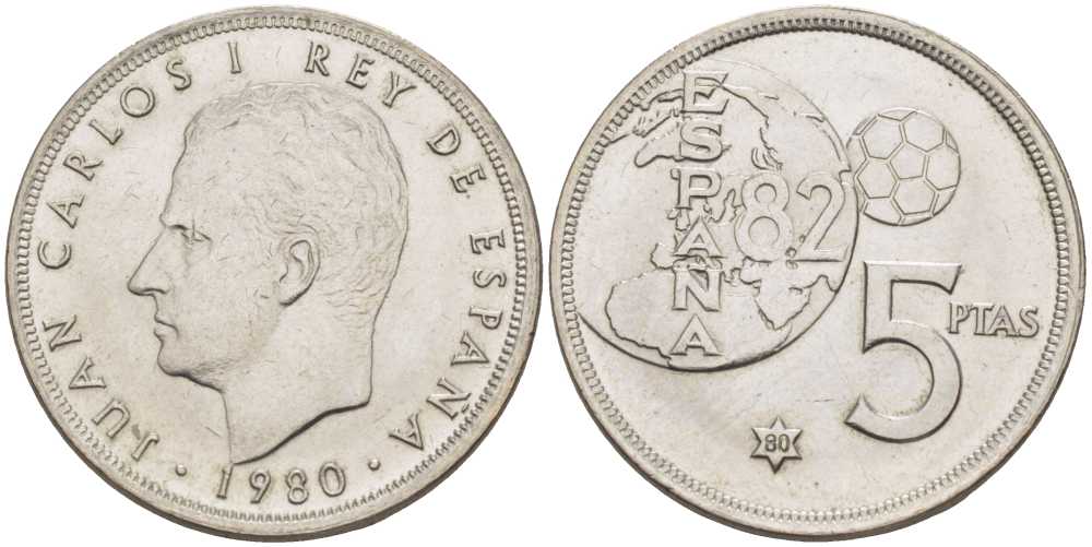 Испания 5 песет 1980 (80), Хуан Карлос, чемпионат мира по футболу в Испании 1982 года KM 817 медно-никель 4390-1042