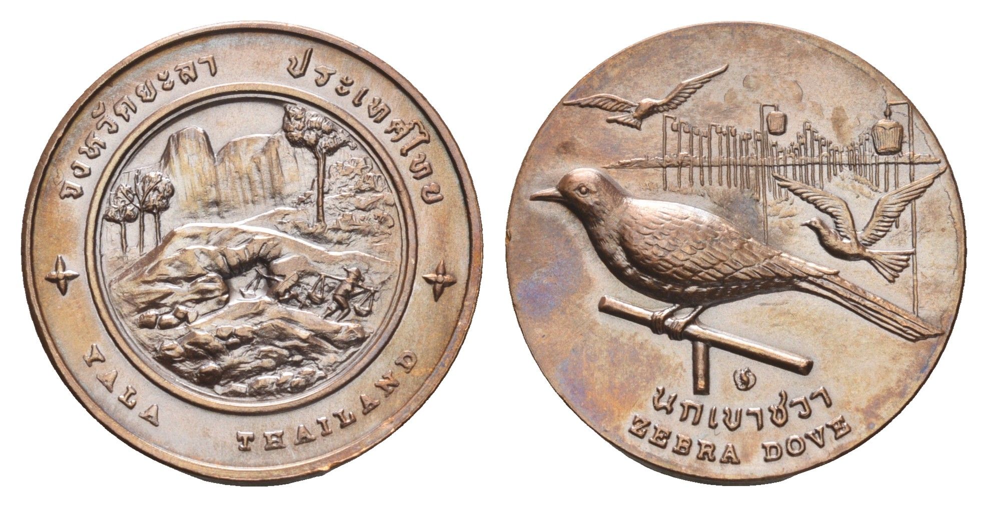 Таиланд медаль из серии провинции таиланд - Яла XX век шахтер, Зебровый голубь, диаметр 25 мм, вес 7,8 гр медь UNC 4663-1135