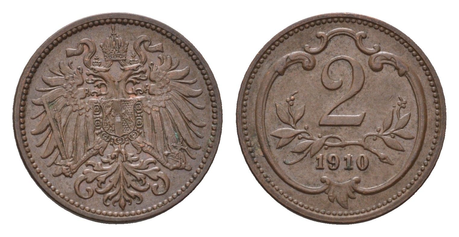 Австрия 2 геллера 1910 Франц Иосиф I (1848-1916) KM 2801 бронза 4702-367