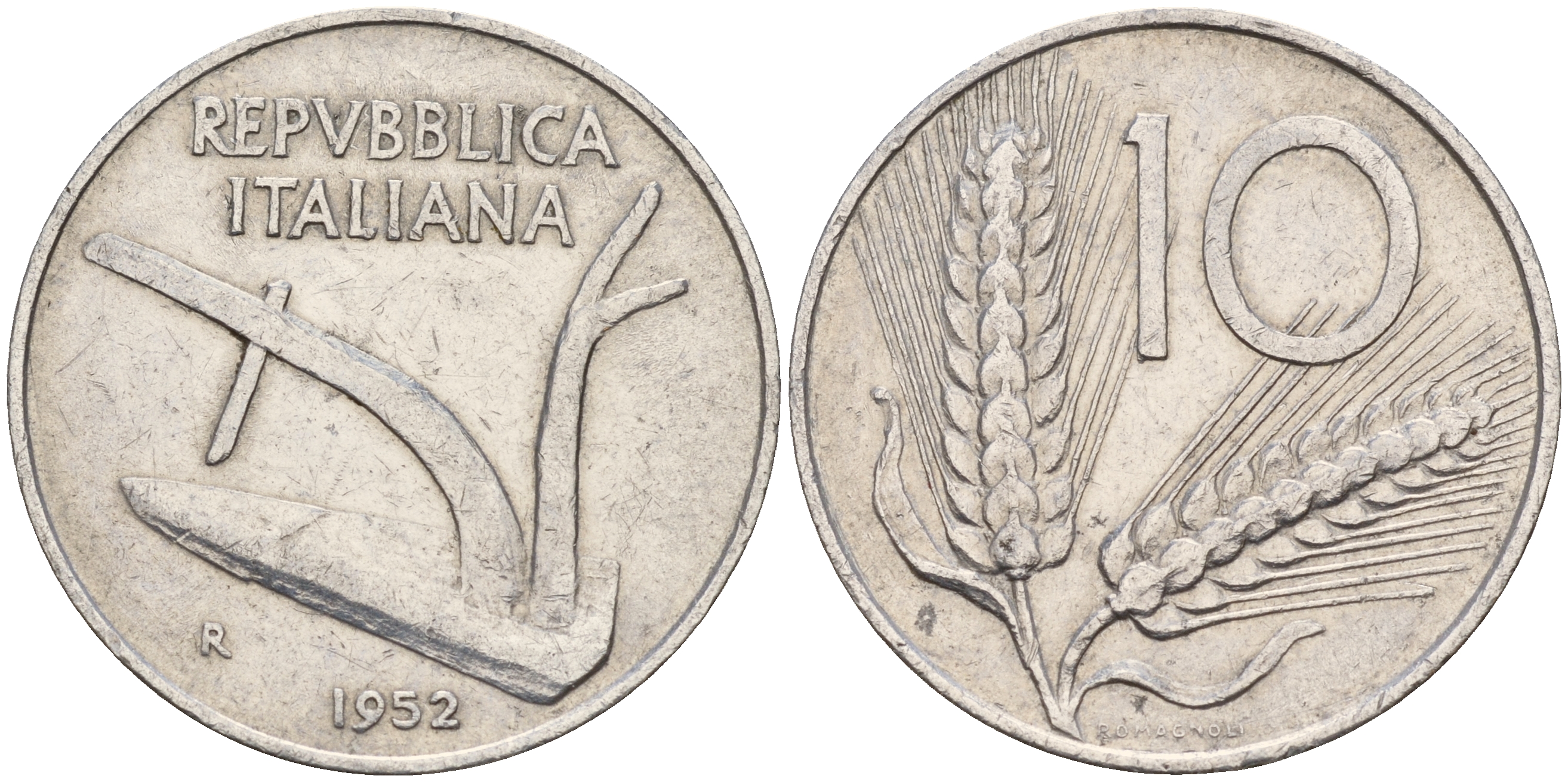 Италия 10 лир 1952 плуг KM 93 алюминий    4601-1045