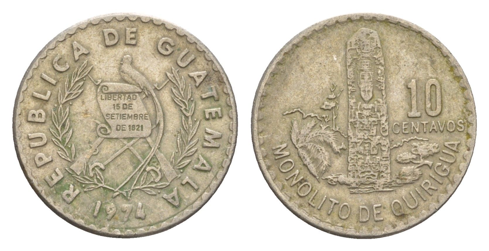 Гватемала 10 сентаво 1974 KM 274 медно-никель 4651-928