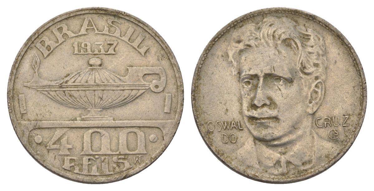 Бразилия 400 реалов 1937 Освалду Крус KM 539 медно-никель 4624-1246