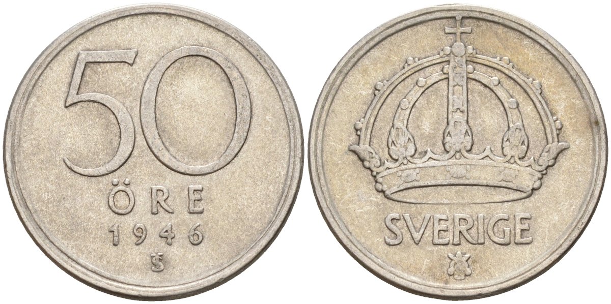 Швеция 50 эре 1946 TS, Густав V (1907-1950) KM 817 серебро 4148-853