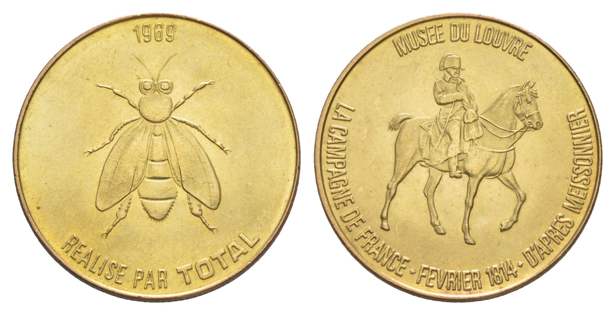 Франция жетон к 200-летию со дня рождения Наполеона-Бонапарта "Лувр - Французская кампания" 1969 компания Total, диаметр 25,8 мм, вес 5 гр железо плакированная латунью UNC 4637-535