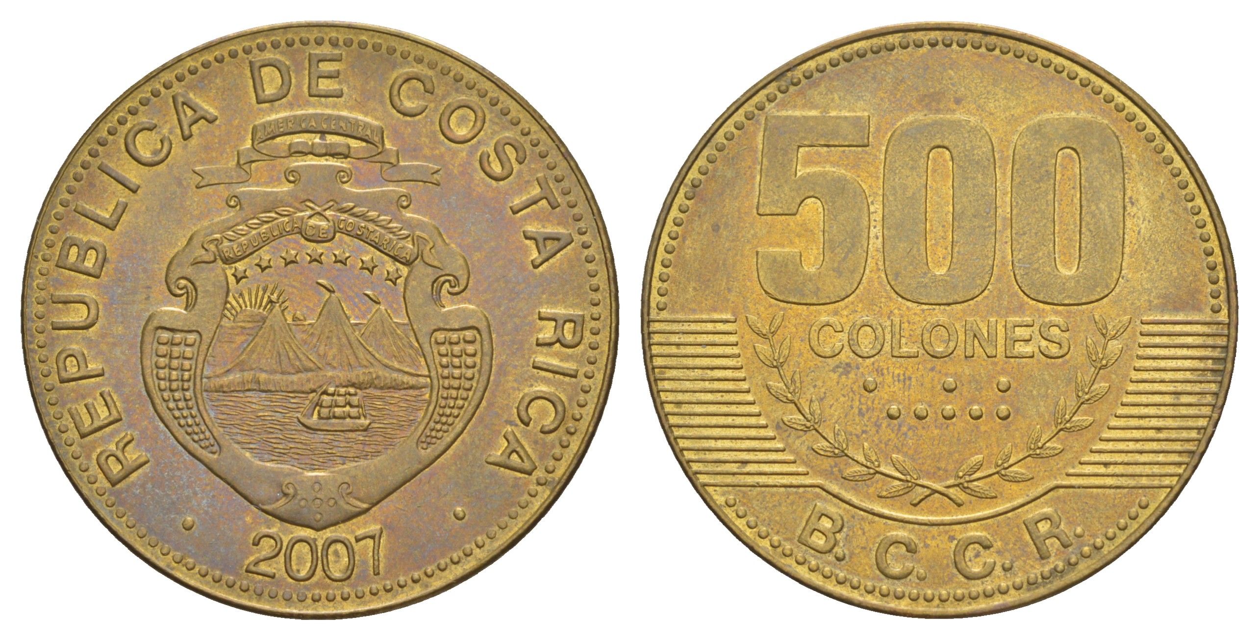 Коста-Рика 500 колонов 2007 KM 239.1a сталь плакированная латунью UNC 4645-342