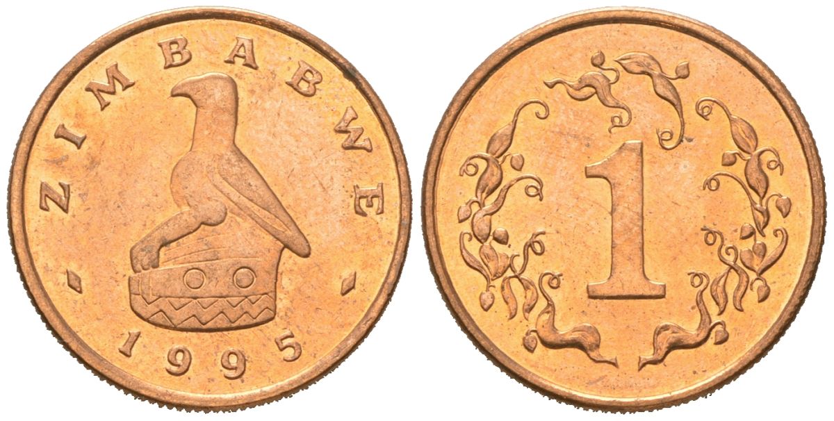 Зимбабве 1 цент 1995 птица-идол KM 1a сталь плакированная бронзой UNC 4615-1139