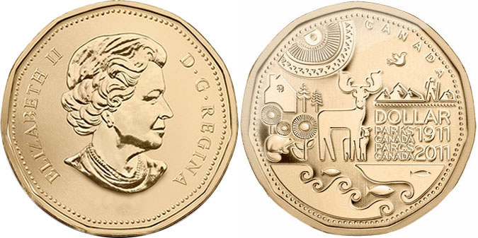 Канада 1 доллар 2011 100 лет организации Парки Канады KM 1166 никель плакированный бронзой UNC M45-16