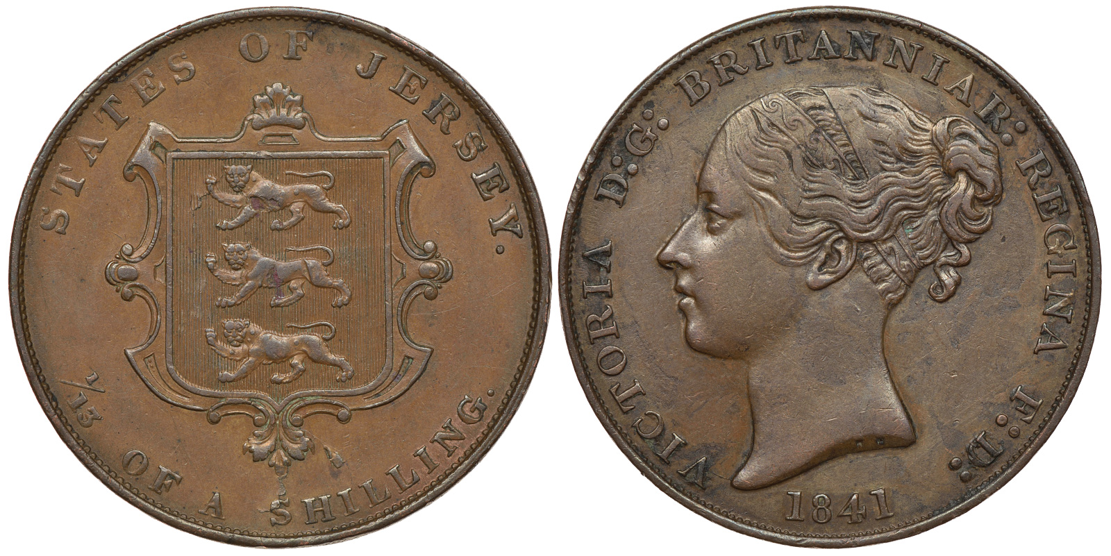 Джерси 1/13 шиллинга 1841 Виктория (1837-1901), большой формат, первый год KM 3 медь 650-222