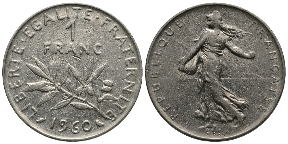 ФРАНЦИЯ 1 ФРАНК 1960 СЕЯТЕЛЬ KM 925.1, LE FRANC 226.4 никель 84-853