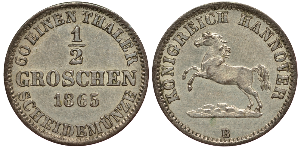 ГАННОВЕР 1/2 ГРОШЕНА 1865 AKS 151, Jaeger 92 серебро UNC 413-6023