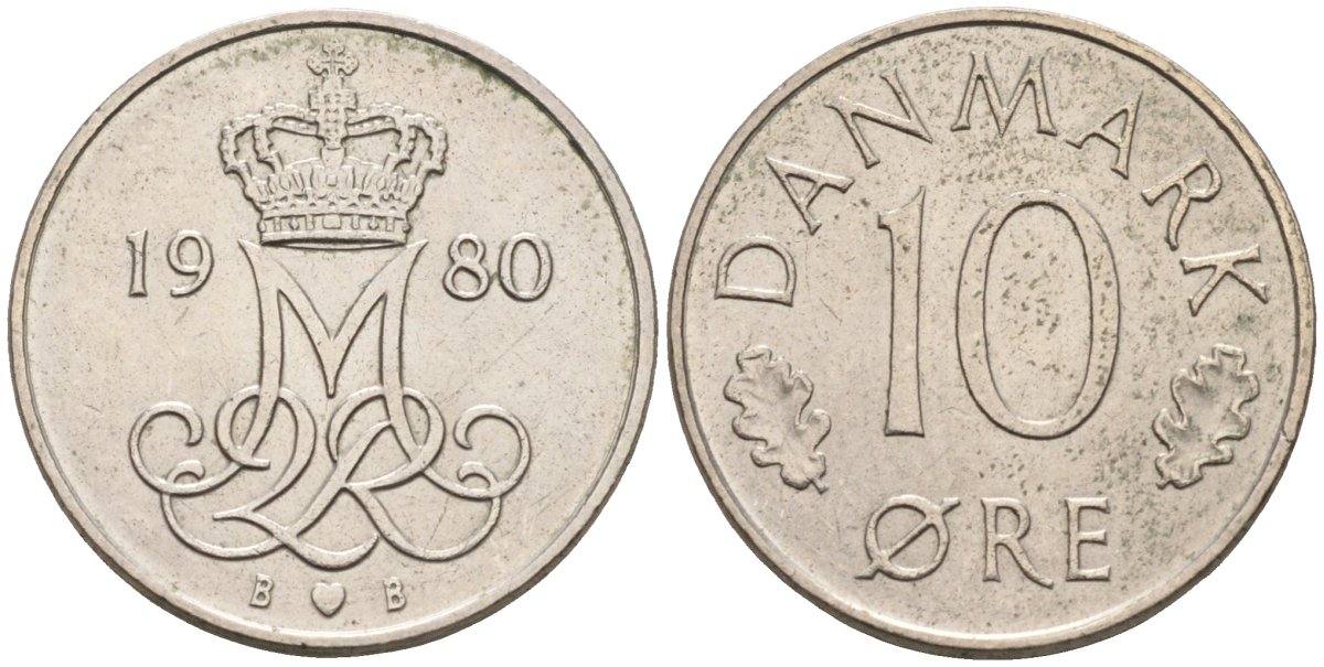 Дания 10 эре 1980 Маргрете II (1972-2024) KM 860.2 медно-никель 4580-315