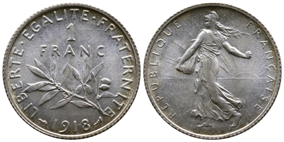Франция 1 франк 1918 сеятель KM 844.1, Le Franc 217.24 серебро UNC 259-723