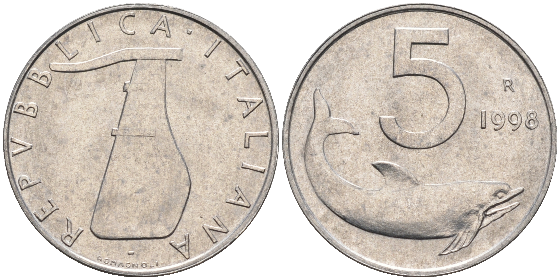 Италия 5 лир 1998 R, дельфин KM 92 алюминий  UNC  4594-669
