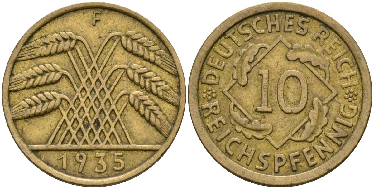 Германия 10 рейхспфеннигов 1935 F KM 40 алюминиевая бронза 4171-1113