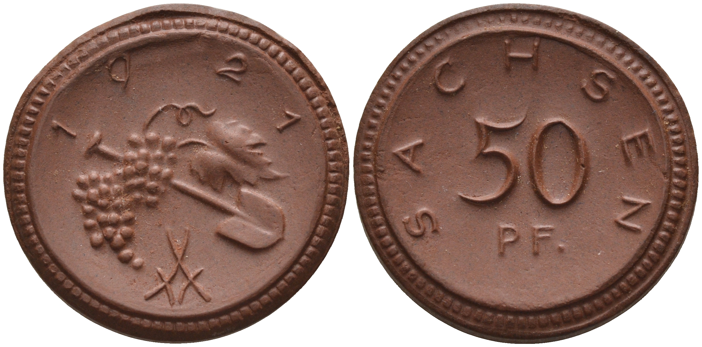 Саксония 50 пфеннигов 1921 виноград и лопата J. N 54 фарфор 1094-6-81