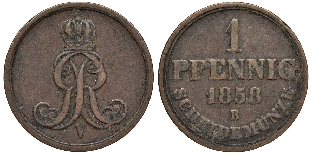 Ганновер 1 пфенниг 1858 B, Георг V KM 233, AKS 156, J. 90 медь 4594-236