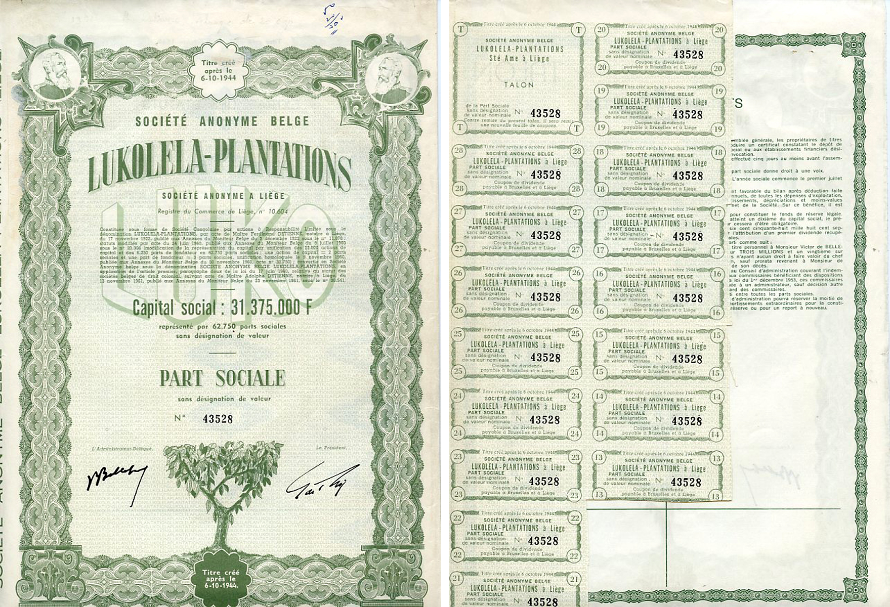 Бельгийское Конго 1 пай 1944 Акционерное Общество "Плантации Луколела", неполный купонный лист  бумага    5547-43-1-1
