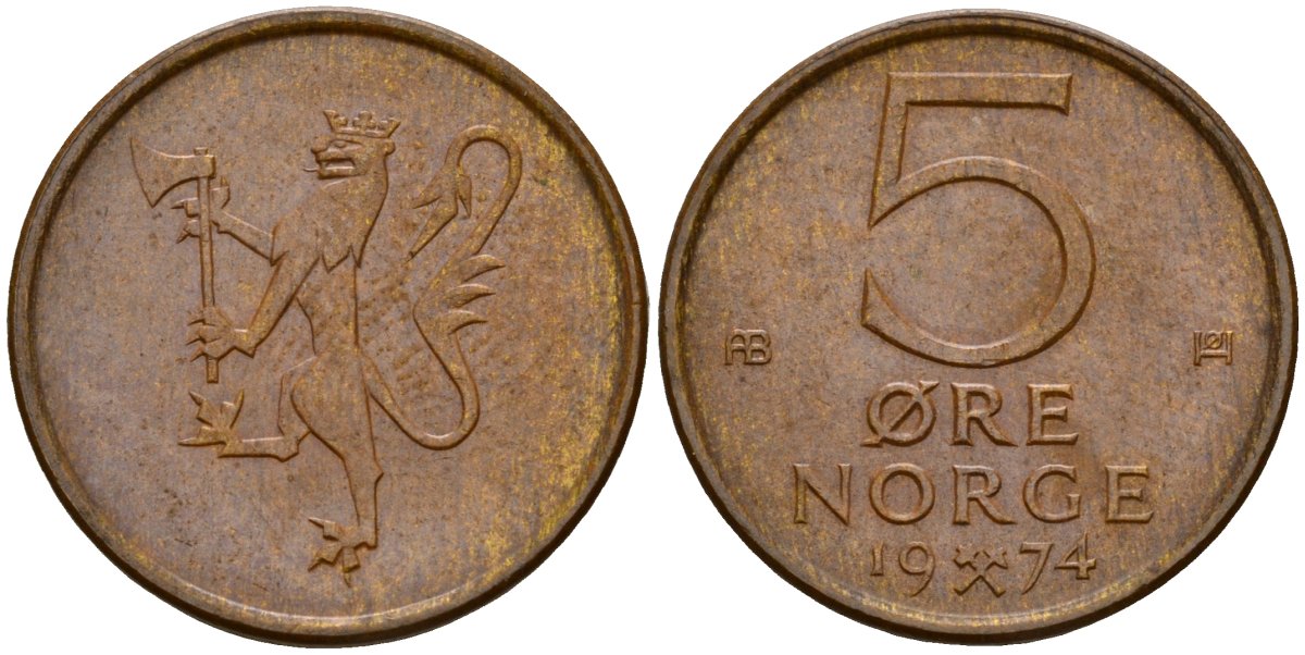 Норвегия 5 эре 1974 Улаф V (1958 - 1991) KM 415 бронза 4156-256