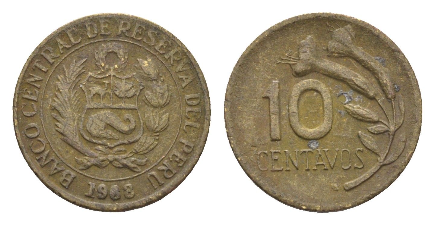 Перу 10 сентаво 1968 KM 245 латунь 4664-444