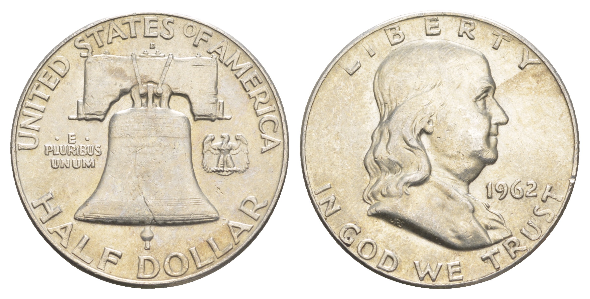 США 1/2 доллара (50 центов) 1962 Бенджамин Франклин, колокол KM 199 серебро  aUNC 4653-132