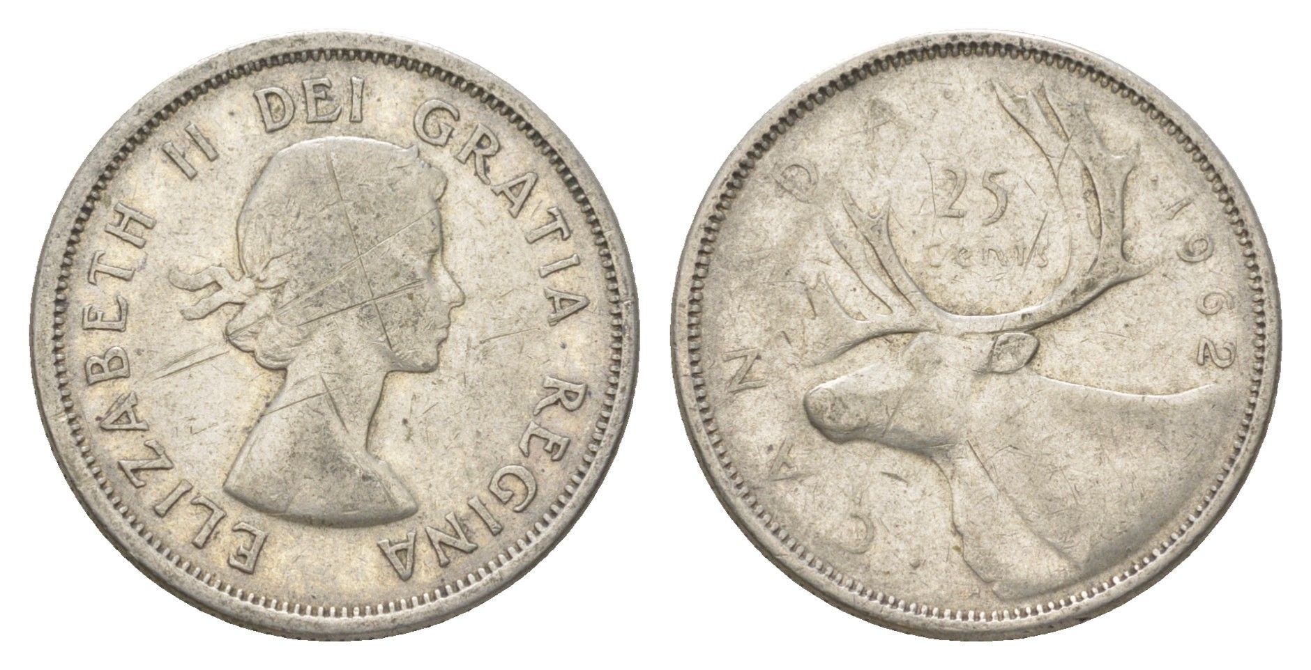 Канада 25 центов 1962 Елизавета II (1952-2022), олень KM 52 серебро 4622-837
