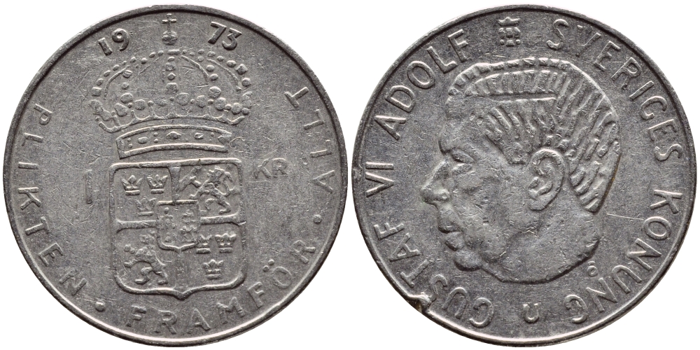 Швеция 1 крона 1973 Густав VI Адольф (1950-1973) KM 826а медь плакированная медно-никелем 4397-157