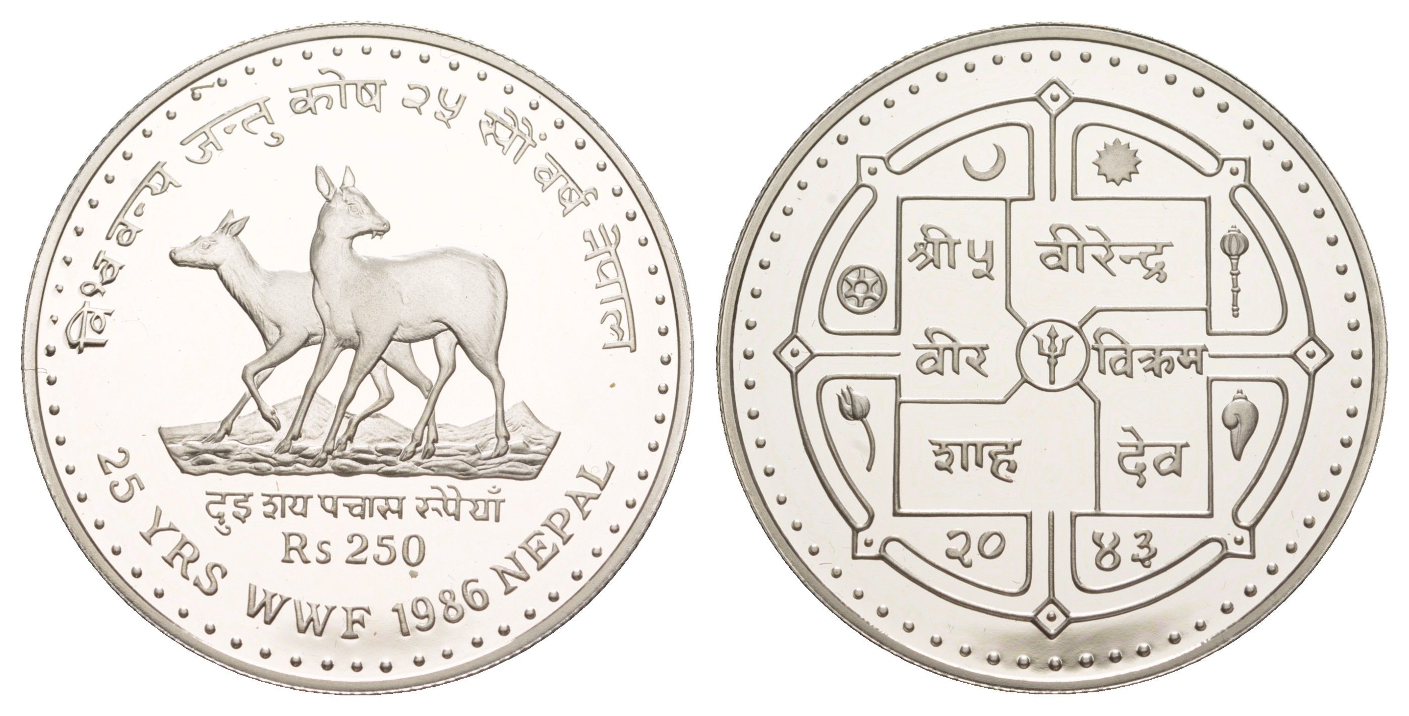 Непал 250 рупий 1986 BS 2043, 25 лет Всемирному фонду дикой природы KM 1026 серебро PROOF 1079-9-34