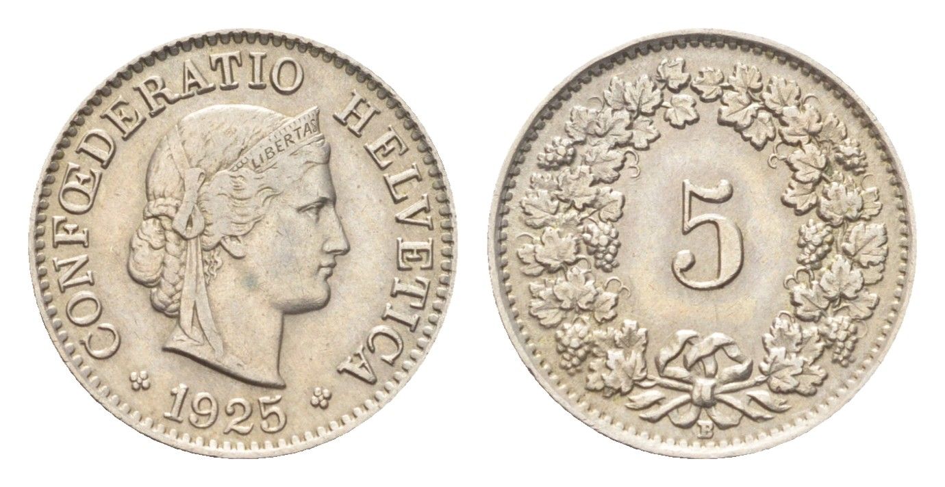 Швейцария 5 раппенов 1925 B KM 26 медно-никель 4705-1221