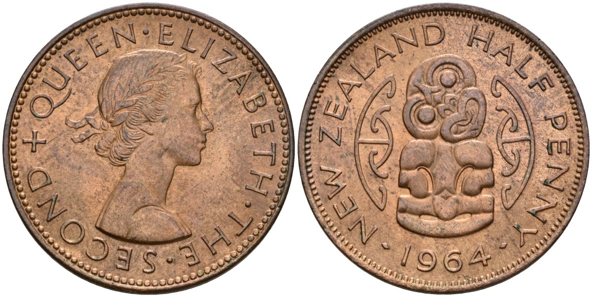 Новая Зеландия 1/2 пенни 1964 Елизавета II (1952-2022), божество Хей-Тики KM 23.2 бронза UNC 4119-916