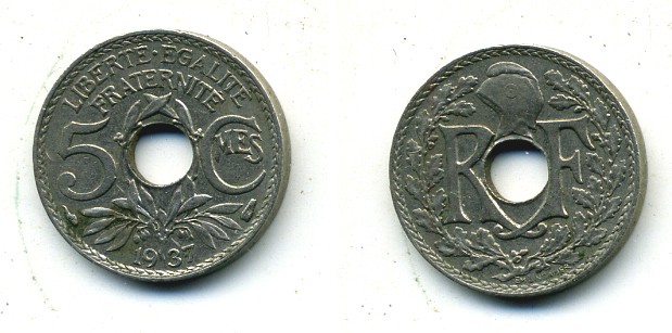 ФРАНЦИЯ 5 САНТИМОВ 1937 ТИП ЛИНДАЙЁ KM 875 медно-никель 84-311