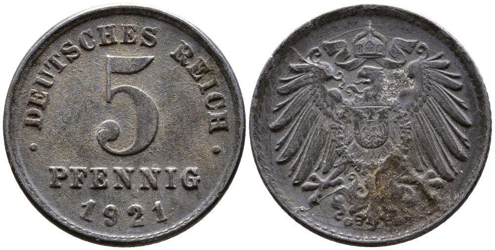 ГЕРМАНИЯ 5 ПФЕННИГОВ 1921 G KM 19, J. 297 железо 4387-756