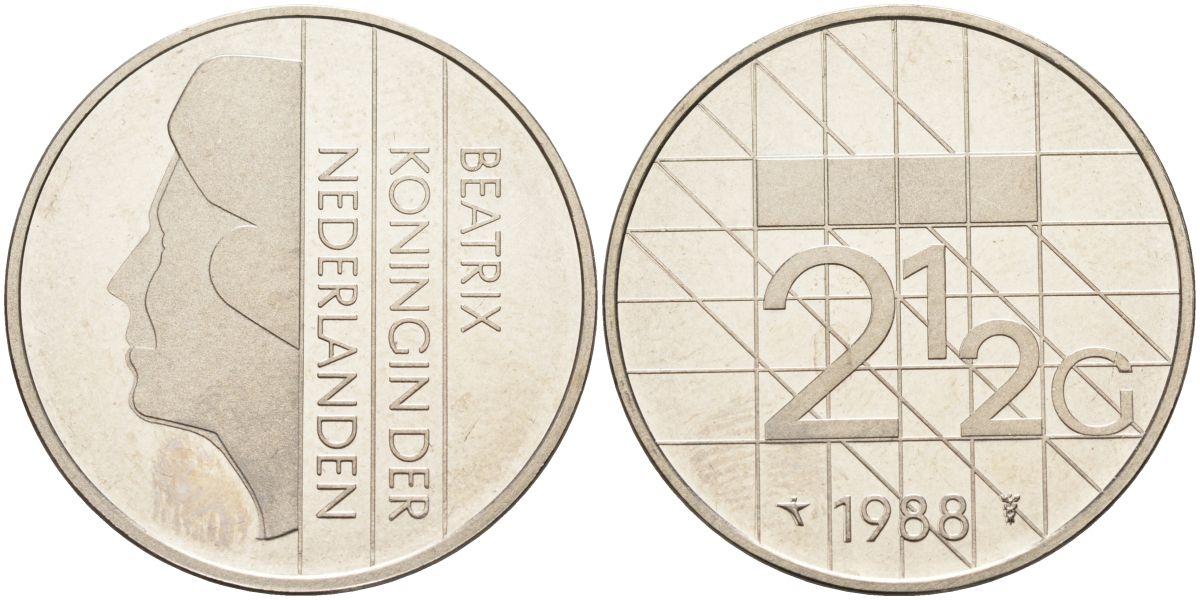 Нидерланды 2 1/2 гульдена 1988 Беатрикс (1980-2013) KM 206 никель UNC 4593-1044