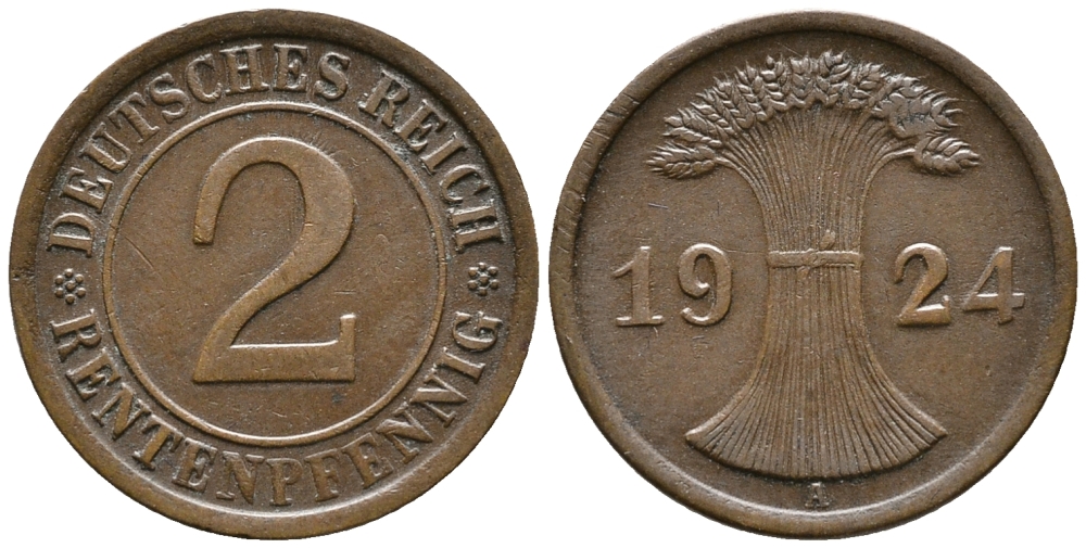 ГЕРМАНИЯ 2 РЕНТЕНПФЕННИГА 1924 A KM 31, J. 307 бронза 24-627