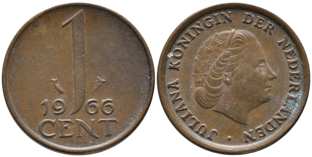 НИДЕРЛАНДЫ 1 ЦЕНТ 1966 ЮЛИАНА KM 180 бронза 96-1231