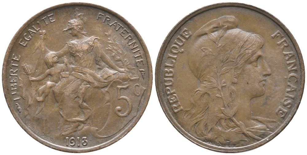 ФРАНЦИЯ 5 САНТИМОВ 1913 ТИП ДАНИЭЛЬ ДЮПЮИ KM 842, LE FRANC 119.25 бронза 34-444