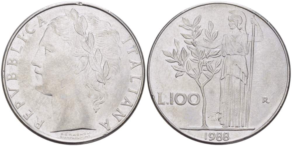 ИТАЛИЯ 100 ЛИР 1988 R, АФИНА, ДИАМЕТР 28 ММ. KM 96.1 нержавеющая сталь 4531-121