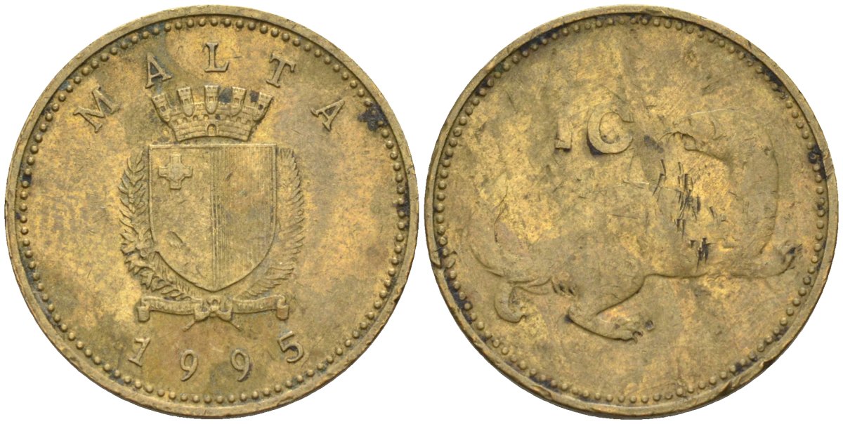 Мальта 1 цент 1995 ласка, горностай KM 93 никель латунь 4585-1223