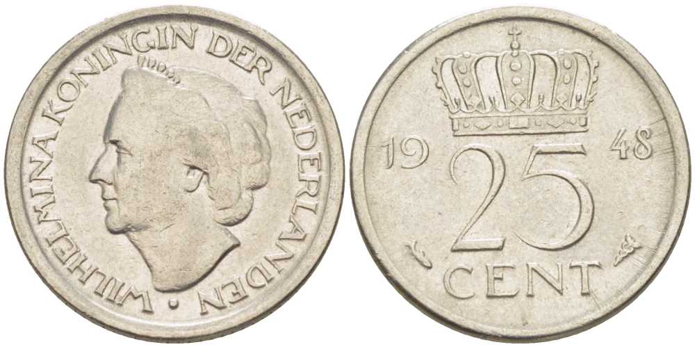 НИДЕРЛАНДЫ 25 ЦЕНТОВ 1948 ВИЛЬГЕЛЬМИНА (1890-1948) KM 177 никель 211-623