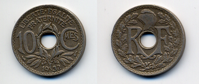 ФРАНЦИЯ 10 САНТИМОВ 1932 ТИП ЛИНДАЙЁ KM 866a медно-никель 4383-1034