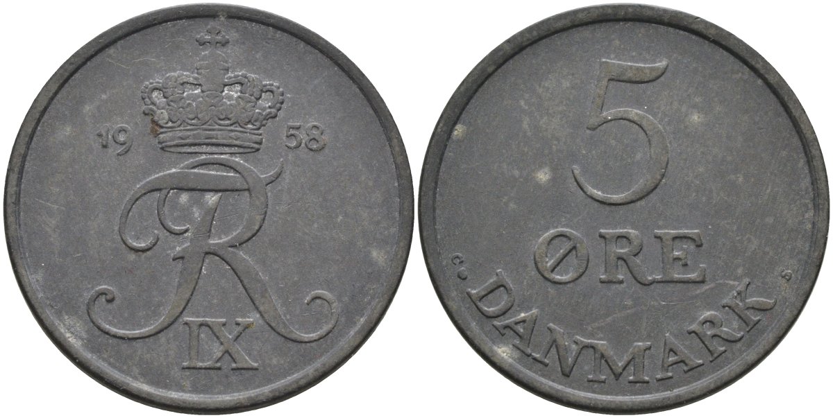 Дания 5 эре 1958 Фредерик IX (1947-1972) KM 843 цинк 88-1245