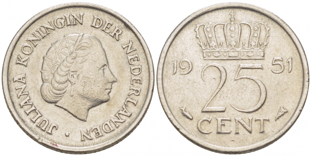 Нидерланды 10 центов 1951 Юлиана (1949-1980) KM 182 никель 3309-636