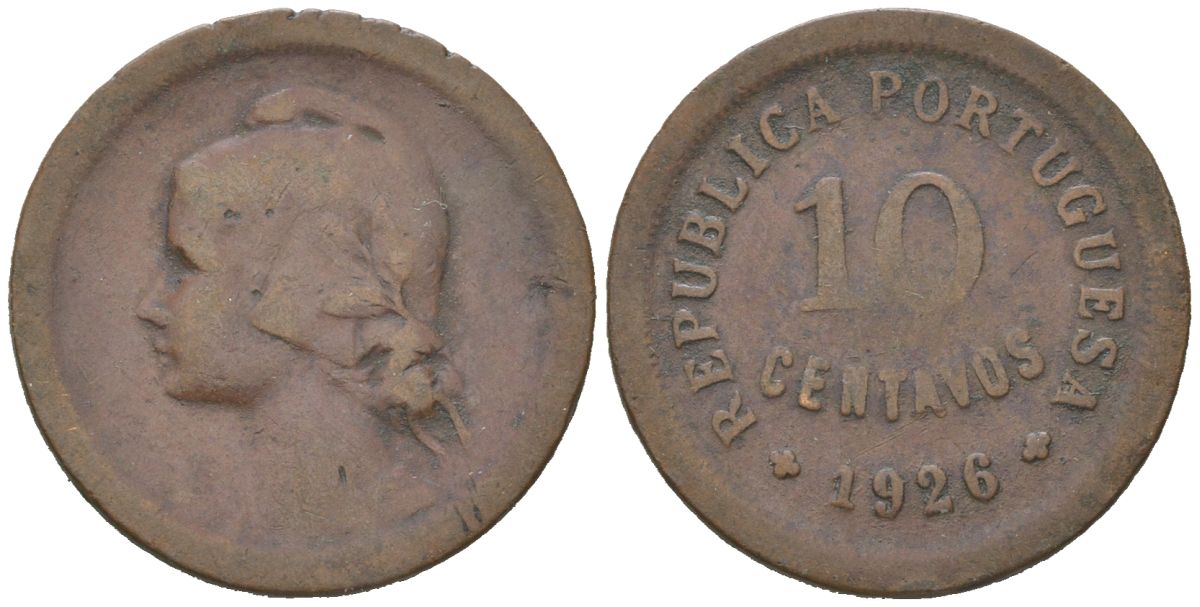 Португалия 10 сентаво 1926 KM 573 бронза 4617-826