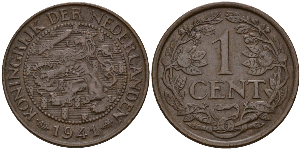Нидерланды 1 цент 1941 Вильгельмина I (1890-1948) KM 152 бронза 4154-924