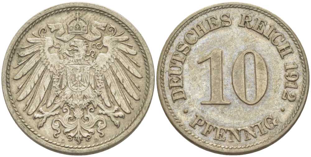 ГЕРМАНИЯ 10 ПФЕННИГОВ 1912 D KM 12, J. 13, Weege 8 медно-никель 212-226