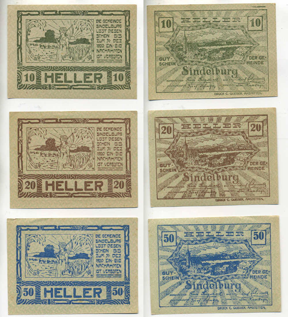 Австрия набор из 3 банкнот 1920 до 31 декабря 1920, нотгельд, 10, 20, 50 геллеров, SINDELBURG   бумага  aUNC  7555-5-1-1