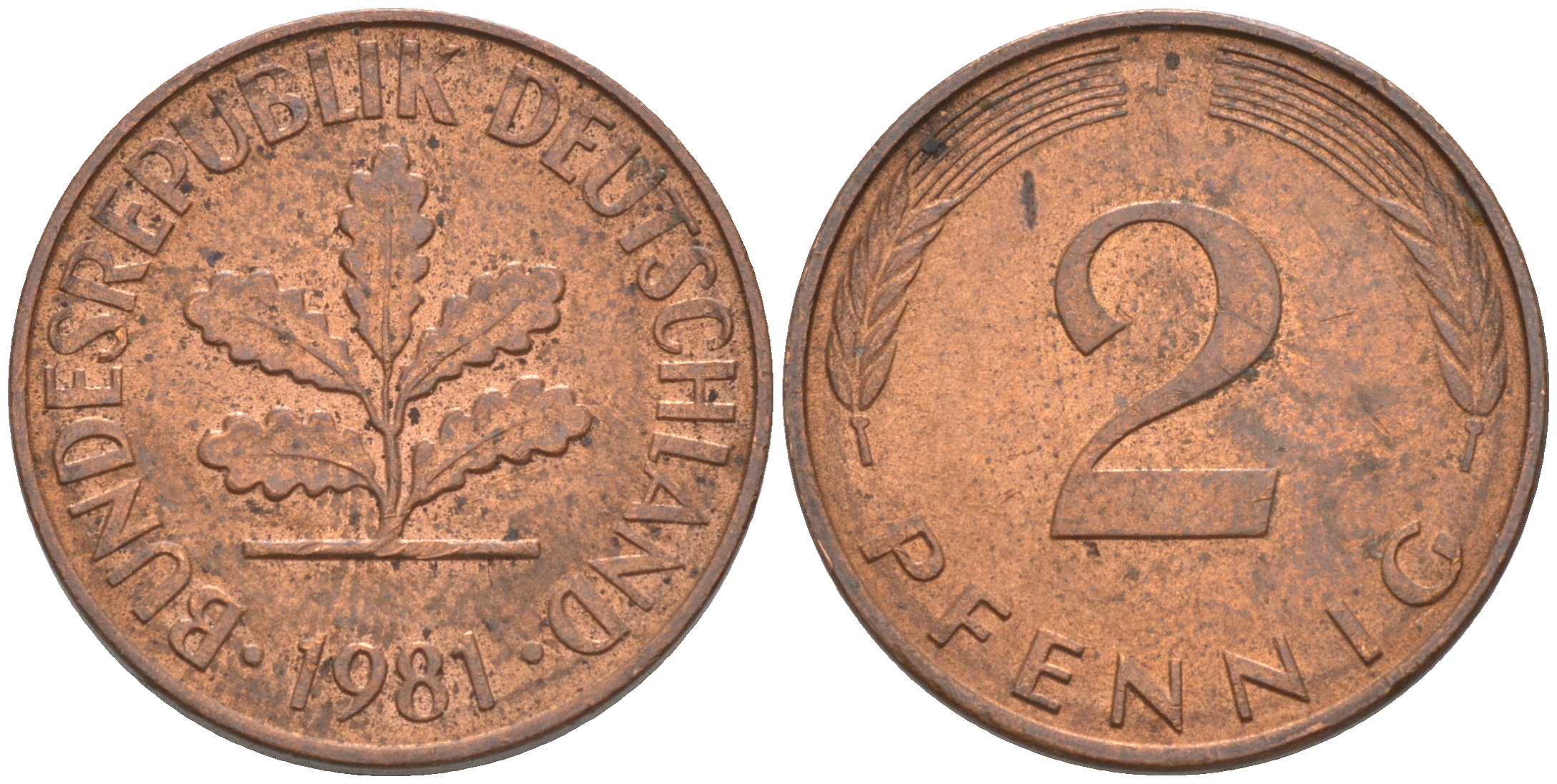 ФРГ 2 пфеннига 1981 F KM 106а, J. 381а сталь плакированная медью 55-1232